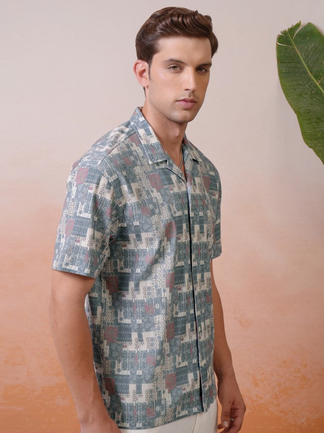 Locomotive Premium Men Teal Popcorn Textured Printed Cuban Collar Relaxed Shirt - Teal - Image 6