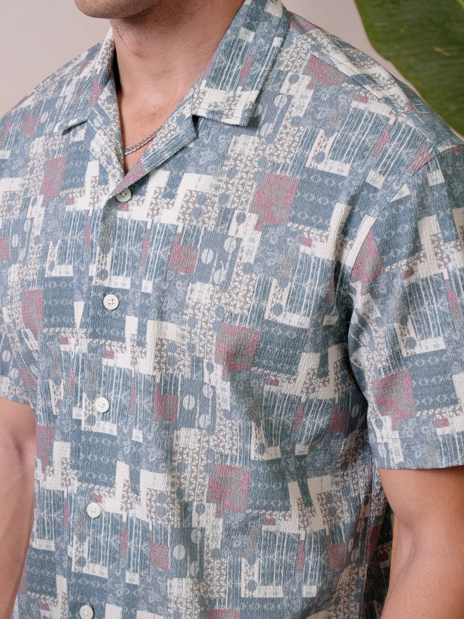 Locomotive Premium Men Teal Popcorn Textured Printed Cuban Collar Relaxed Shirt - Teal - Image 7