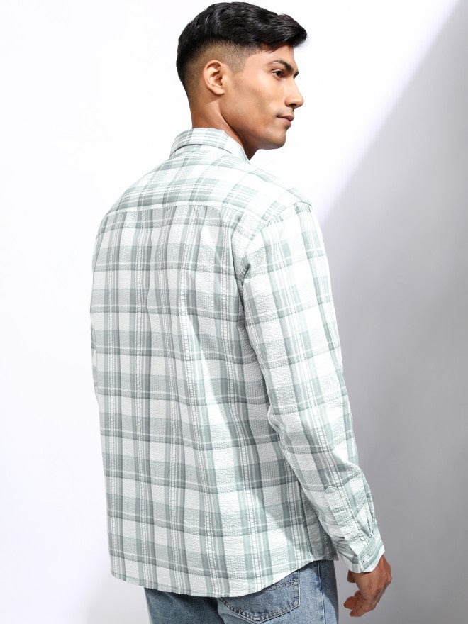 Locomotive Men Teal Checked Regular Fit Casual Shirt - Teal - Image 3