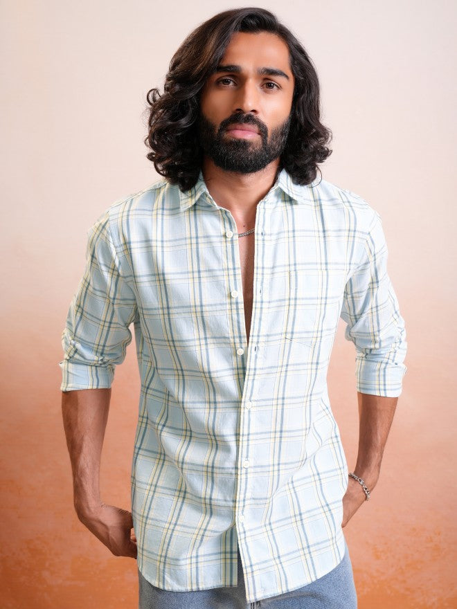 Locomotive Men Blue Checked Regular Fit Casual Shirt - Blue - Image 1