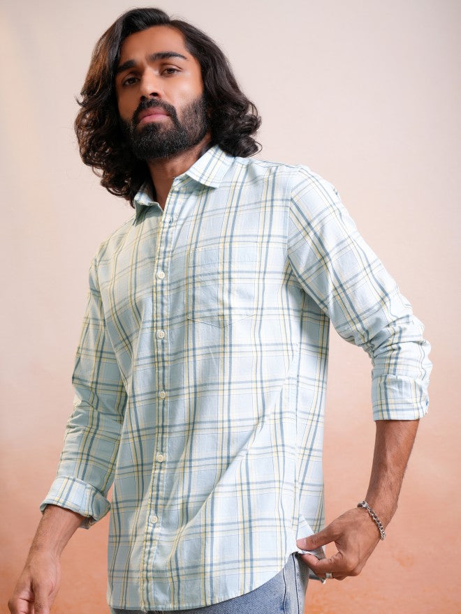 Locomotive Men Blue Checked Regular Fit Casual Shirt - Blue - Image 4