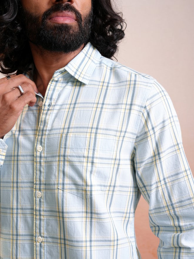 Locomotive Men Blue Checked Regular Fit Casual Shirt - Blue - Image 5