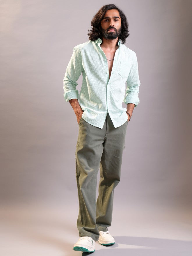 Locomotive Men Green Self Design Regular Fit Casual Shirt - Green - Image 2
