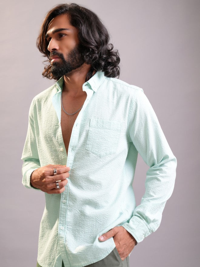 Locomotive Men Green Self Design Regular Fit Casual Shirt - Green - Image 4