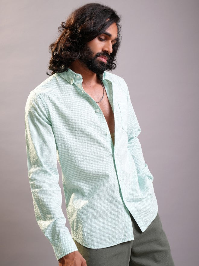 Locomotive Men Green Self Design Regular Fit Casual Shirt - Green - Image 6