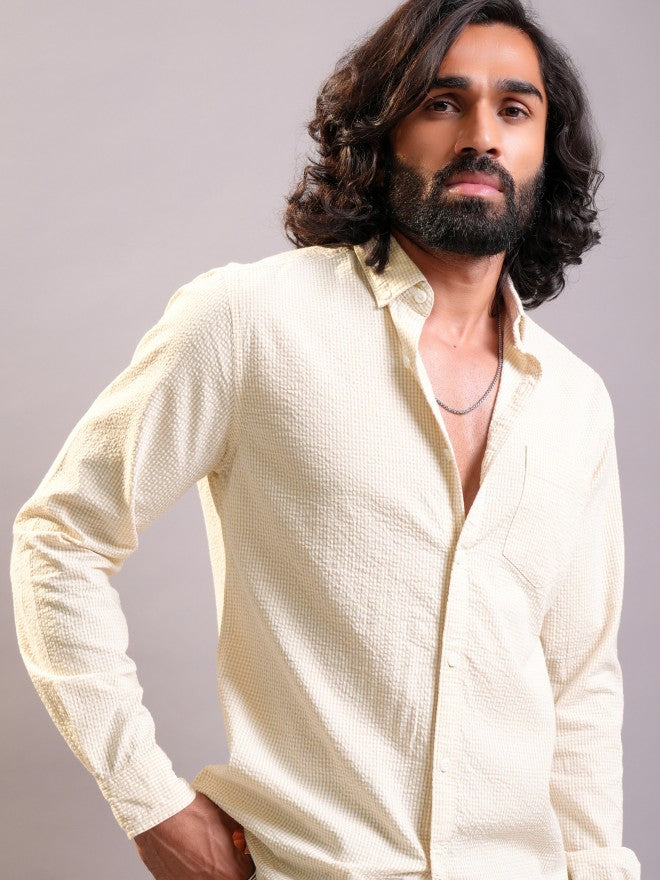 Locomotive Men Mustard Textured Regular Fit Casual Shirt - Mustard - Image 1