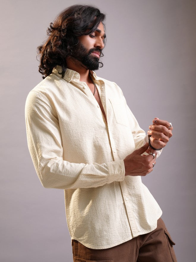 Locomotive Men Mustard Textured Regular Fit Casual Shirt - Mustard - Image 6
