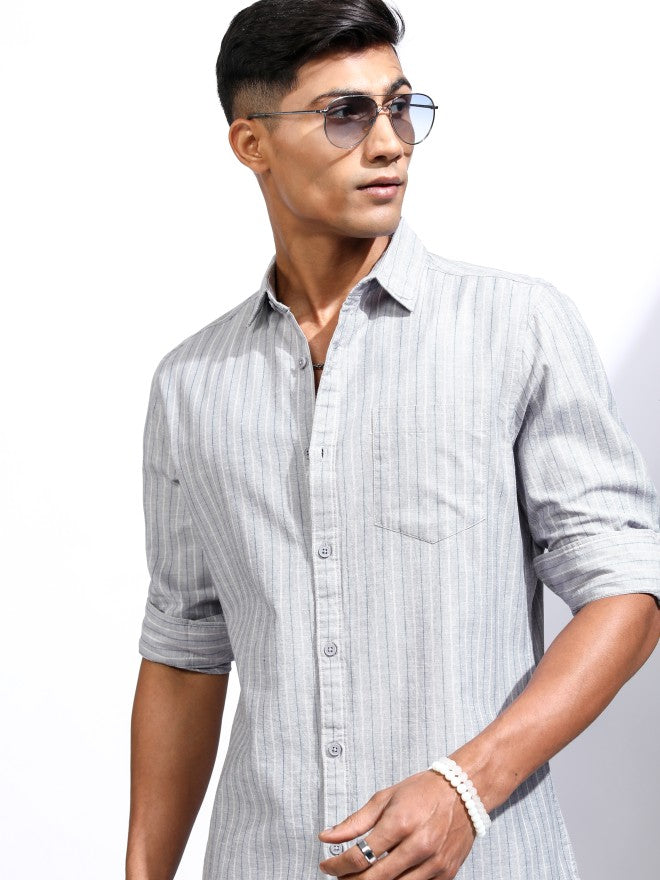 Locomotive Men Grey Striped Regular Fit Casual Shirt - Grey - Image 1