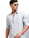 Locomotive Men Grey Striped Regular Fit Casual Shirt - Grey - Image 1