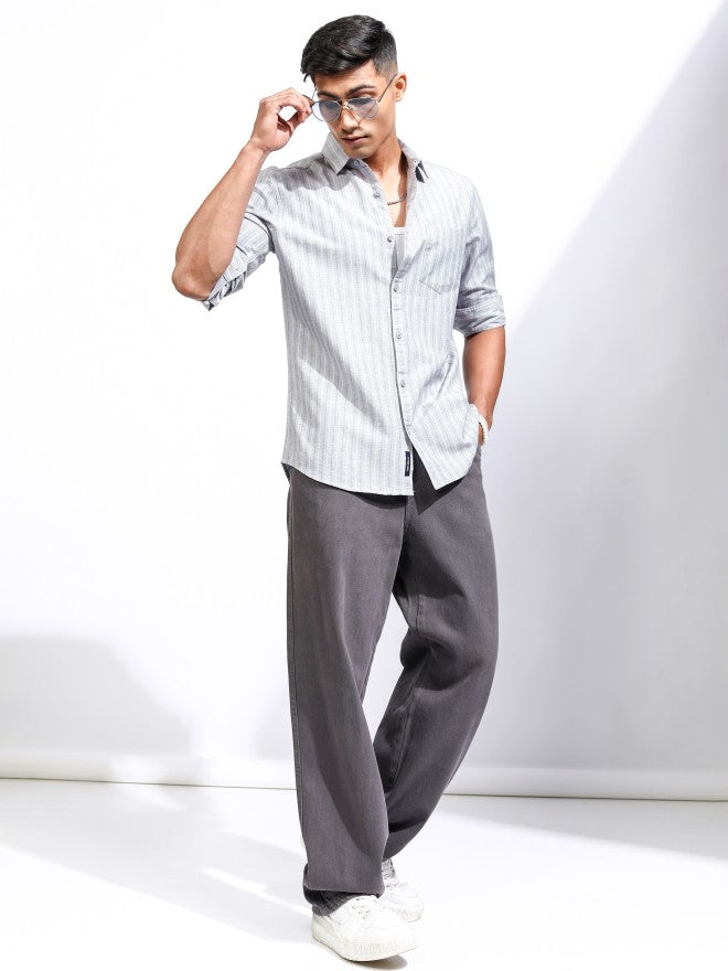 Locomotive Men Grey Striped Regular Fit Casual Shirt - Grey - Image 2