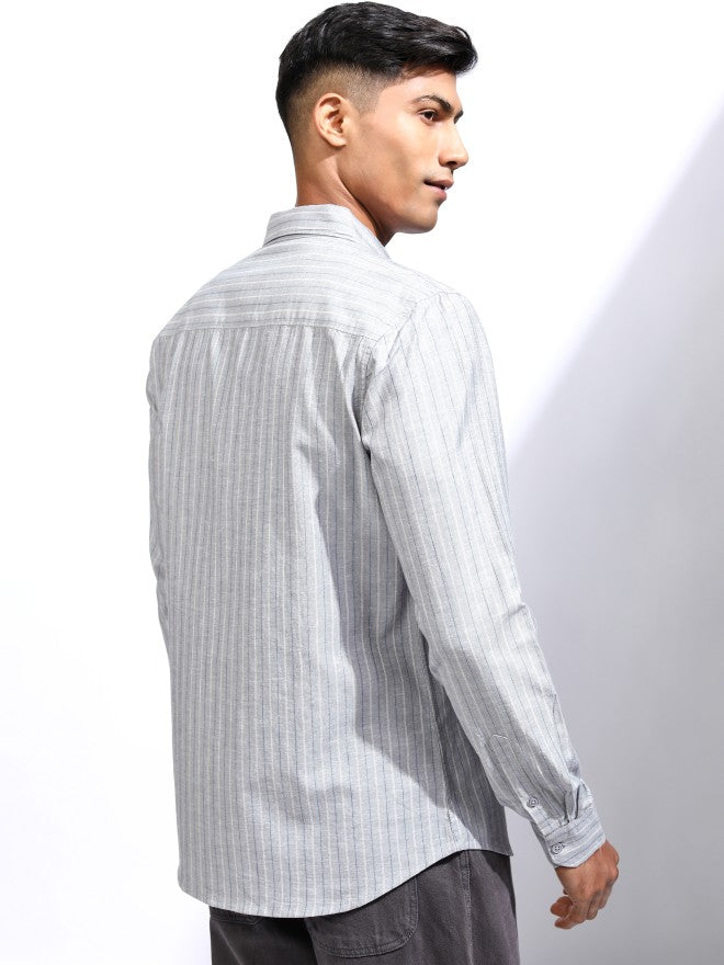 Locomotive Men Grey Striped Regular Fit Casual Shirt - Grey - Image 3