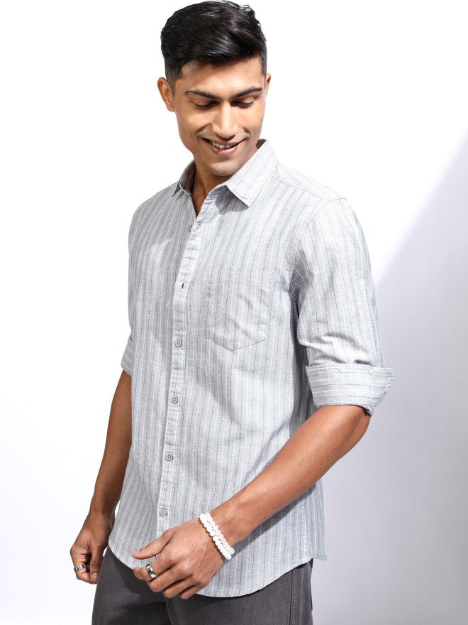 Locomotive Men Grey Striped Regular Fit Casual Shirt - Grey - Image 4