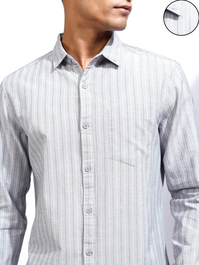 Locomotive Men Grey Striped Regular Fit Casual Shirt - Grey - Image 5