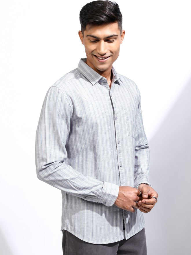 Locomotive Men Grey Striped Regular Fit Casual Shirt - Grey - Image 6