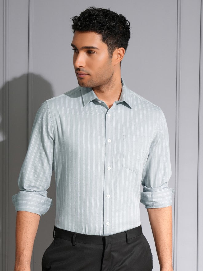 Locomotive Men Grey Striped Slim Fit Casual Shirt - Grey - Image 1