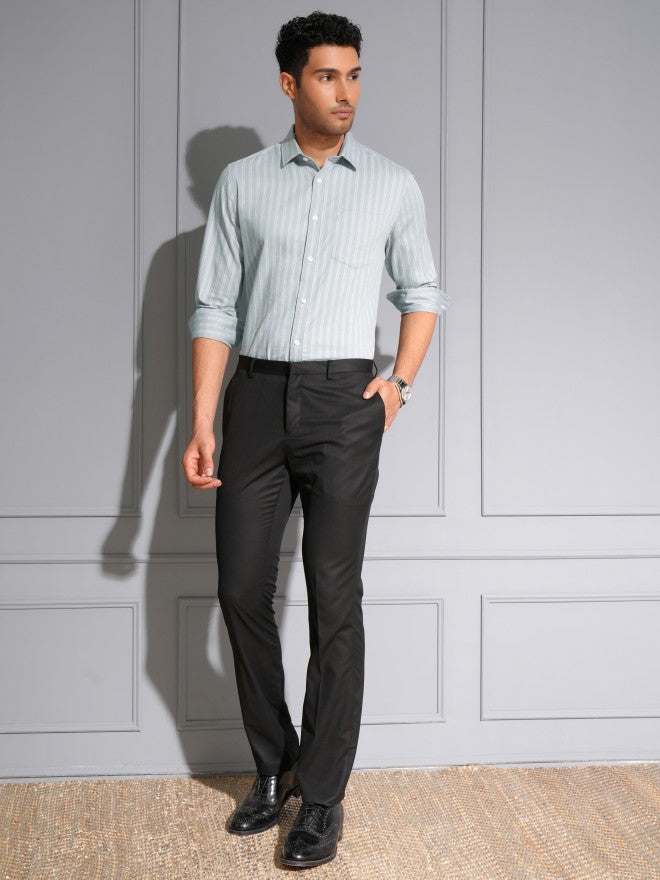 Locomotive Men Grey Striped Slim Fit Casual Shirt - Grey - Image 2