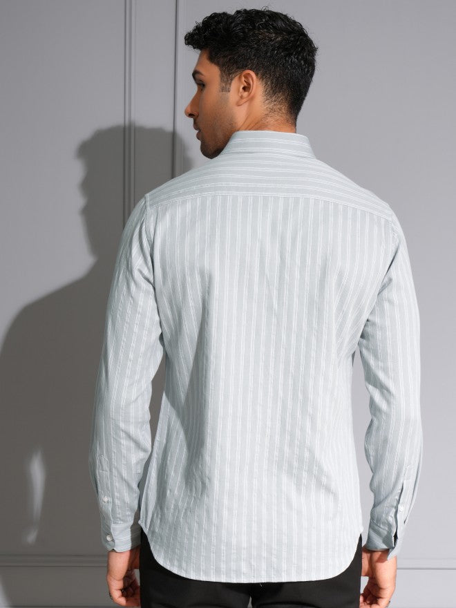 Locomotive Men Grey Striped Slim Fit Casual Shirt - Grey - Image 3