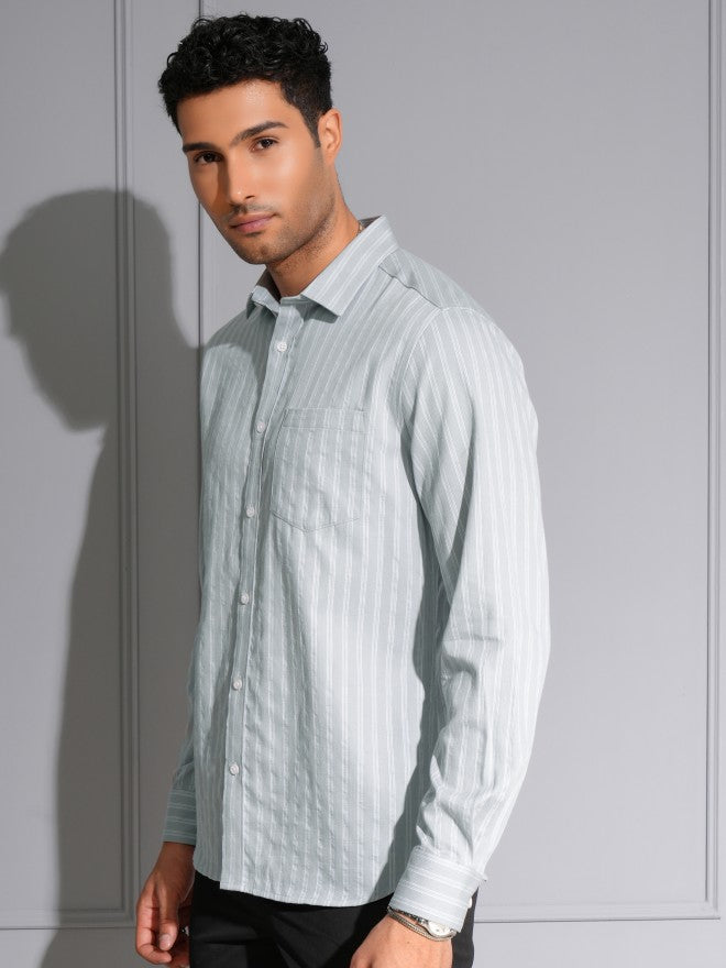 Locomotive Men Grey Striped Slim Fit Casual Shirt - Grey - Image 4
