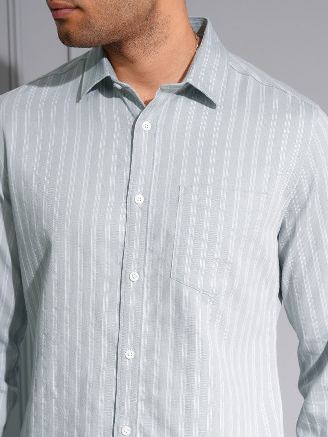 Locomotive Men Grey Striped Slim Fit Casual Shirt - Grey - Image 5