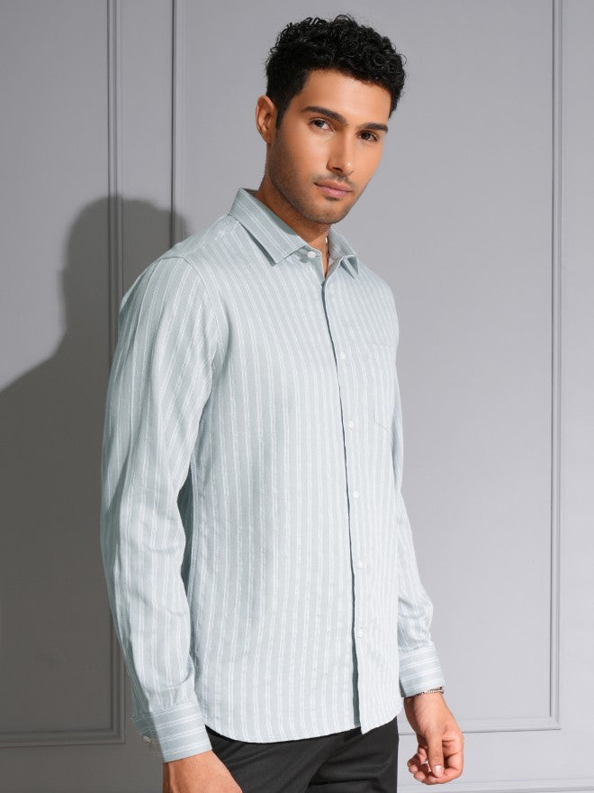 Locomotive Men Grey Striped Slim Fit Casual Shirt - Grey - Image 6