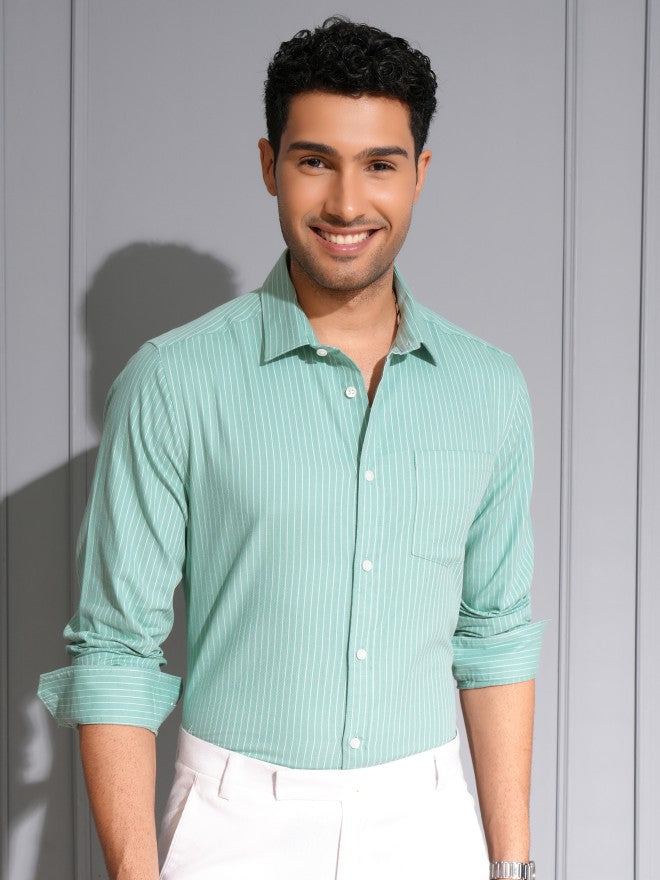 Locomotive Men Blue Striped Slim Fit Casual Shirt - Blue - Image 1