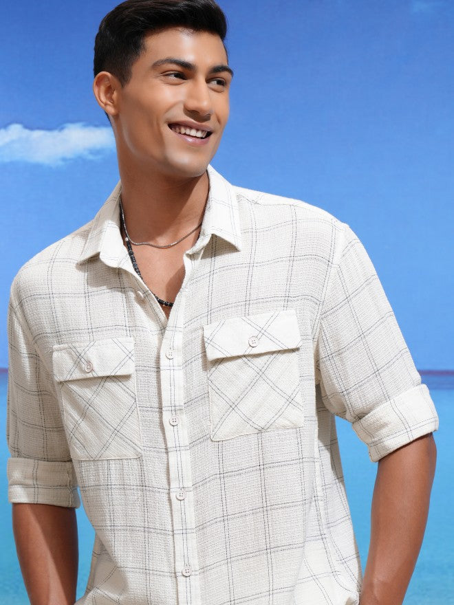 Locomotive Men Cream Checked Relaxed Fit Casual Shirt - Cream - Image 1
