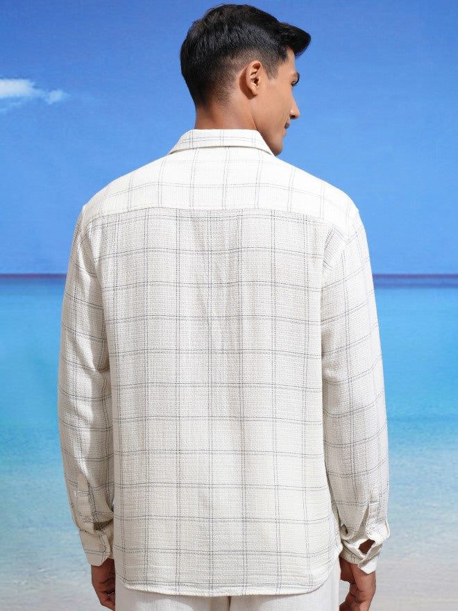 Locomotive Men Cream Checked Relaxed Fit Casual Shirt - Cream - Image 3
