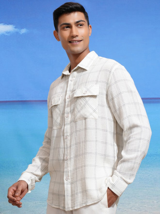 Locomotive Men Cream Checked Relaxed Fit Casual Shirt - Cream - Image 4