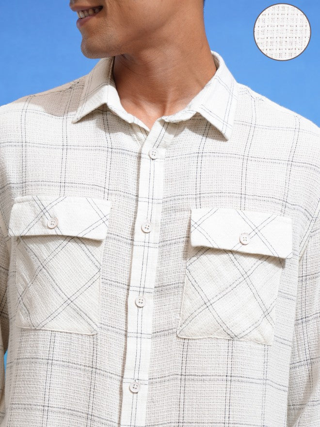 Locomotive Men Cream Checked Relaxed Fit Casual Shirt - Cream - Image 5