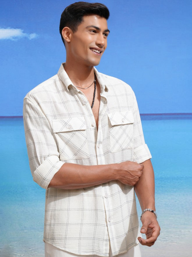 Locomotive Men Cream Checked Relaxed Fit Casual Shirt - Cream - Image 6