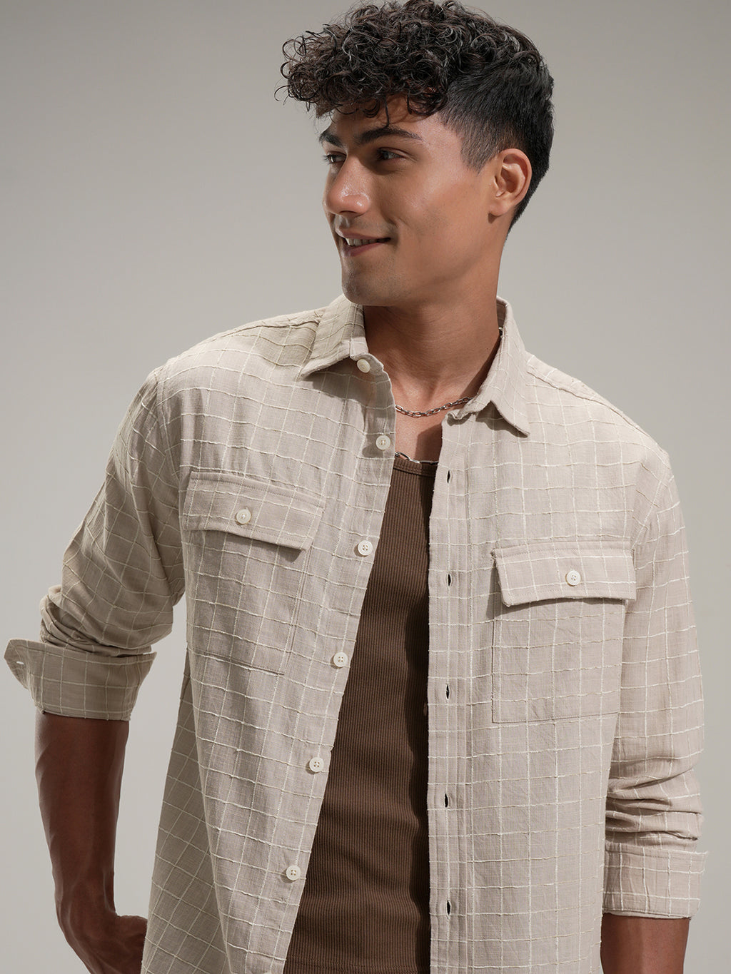 Locomotive Men Khaki Self Design Relaxed Fit Casual Shirt - Khaki - Image 1