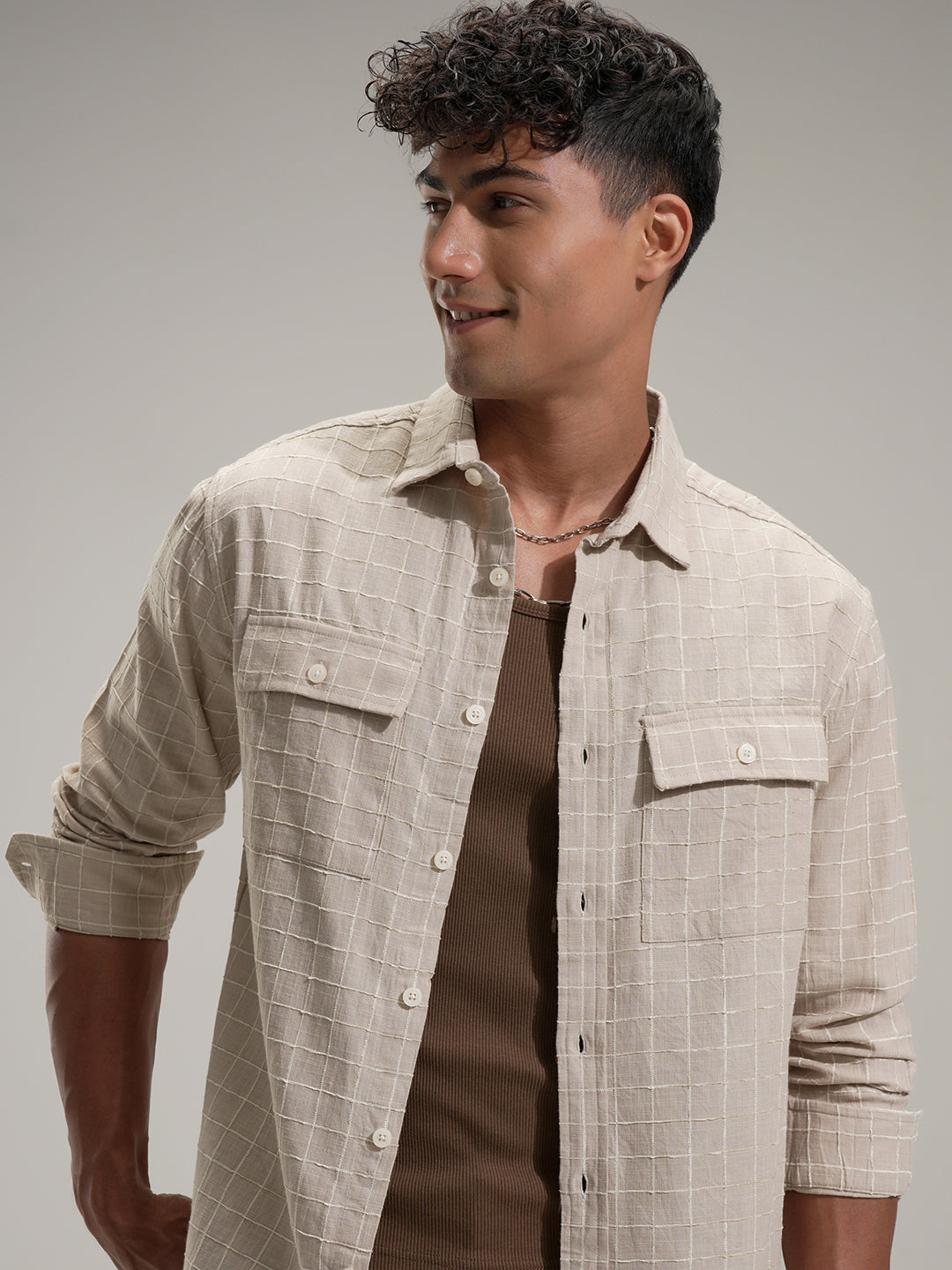 Locomotive Men Khaki Self Design Relaxed Fit Casual Shirt - Khaki - Image 1