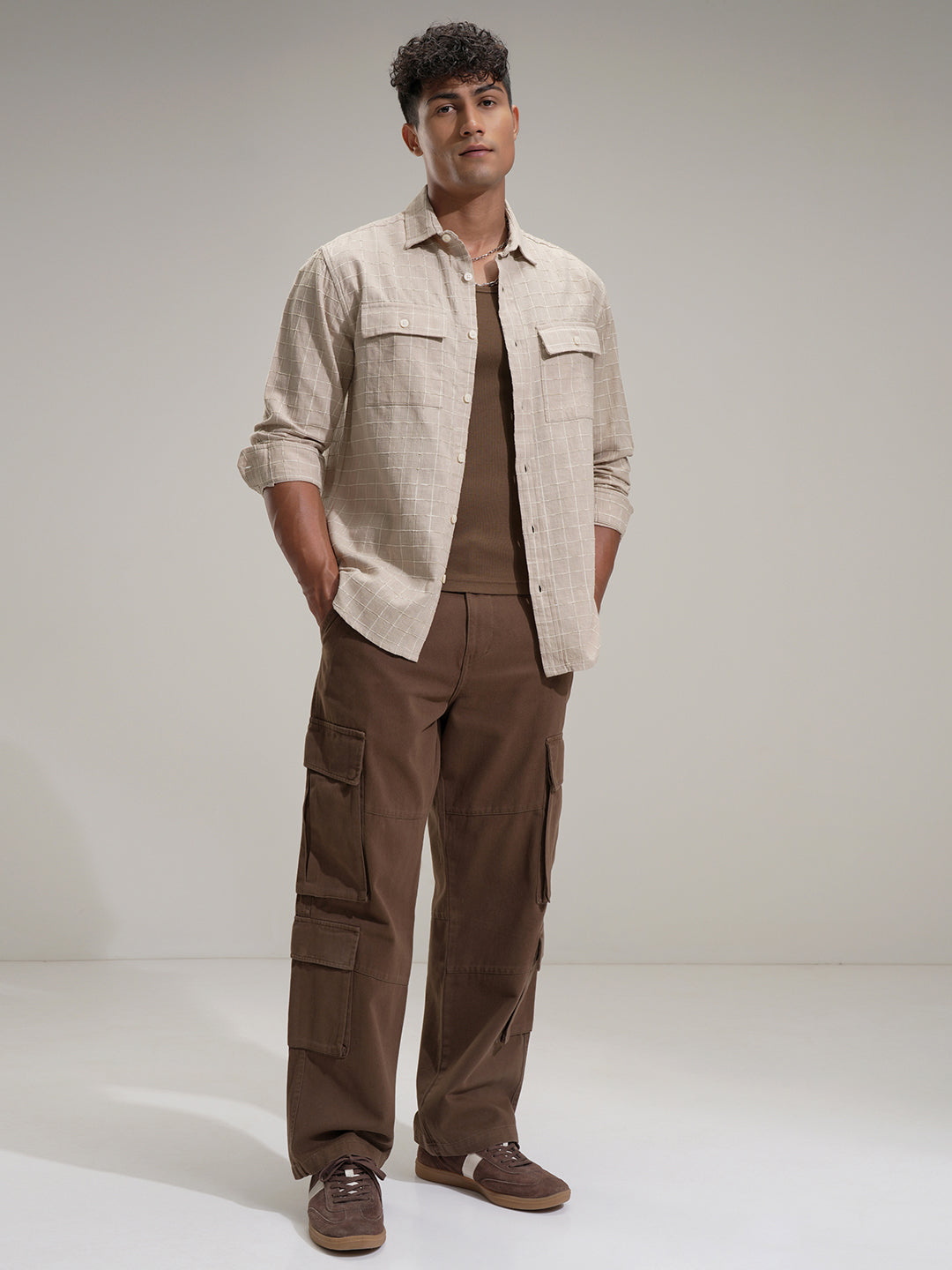 Locomotive Men Khaki Self Design Relaxed Fit Casual Shirt - Khaki - Image 2