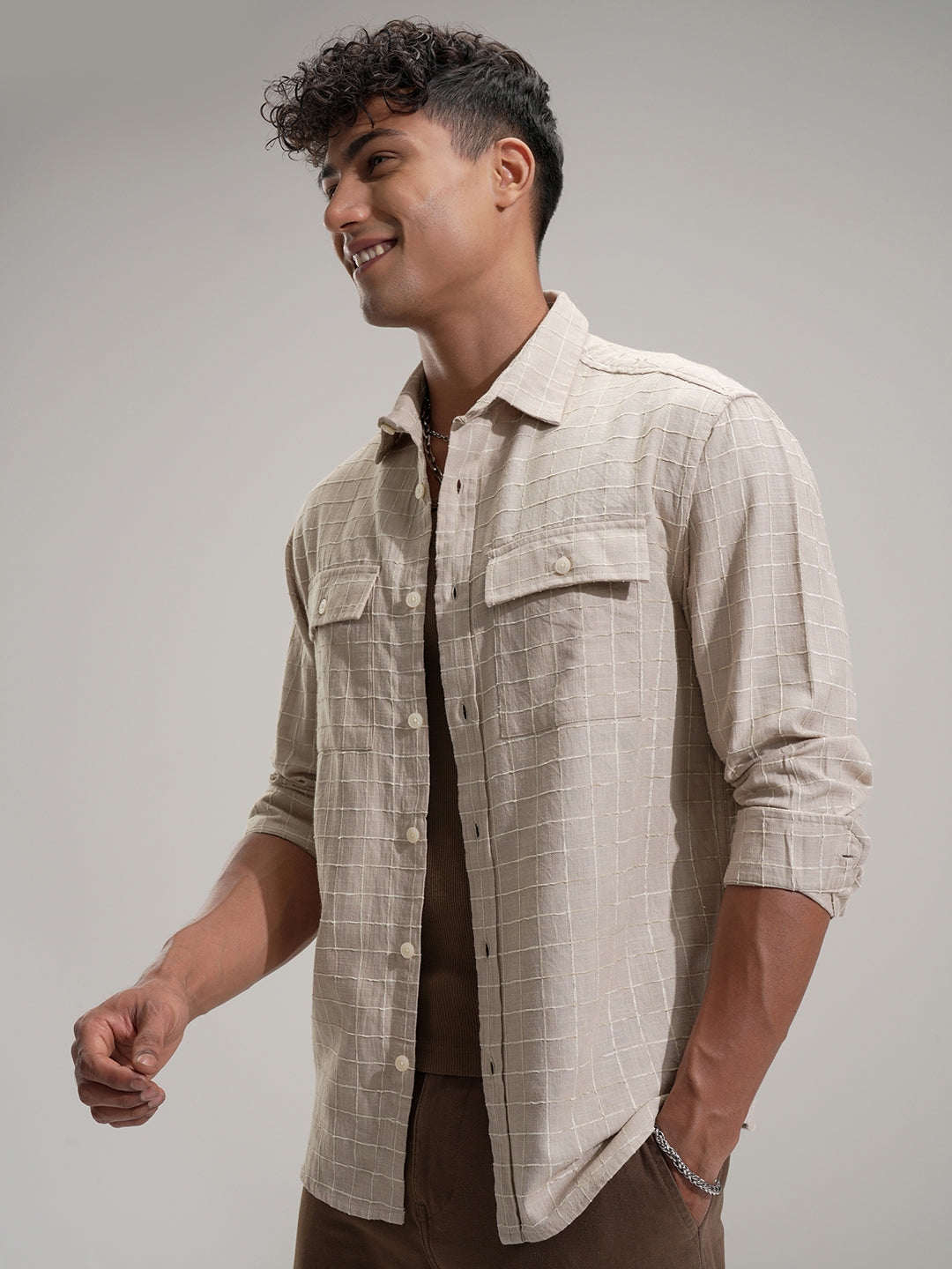Locomotive Men Khaki Self Design Relaxed Fit Casual Shirt - Khaki - Image 4