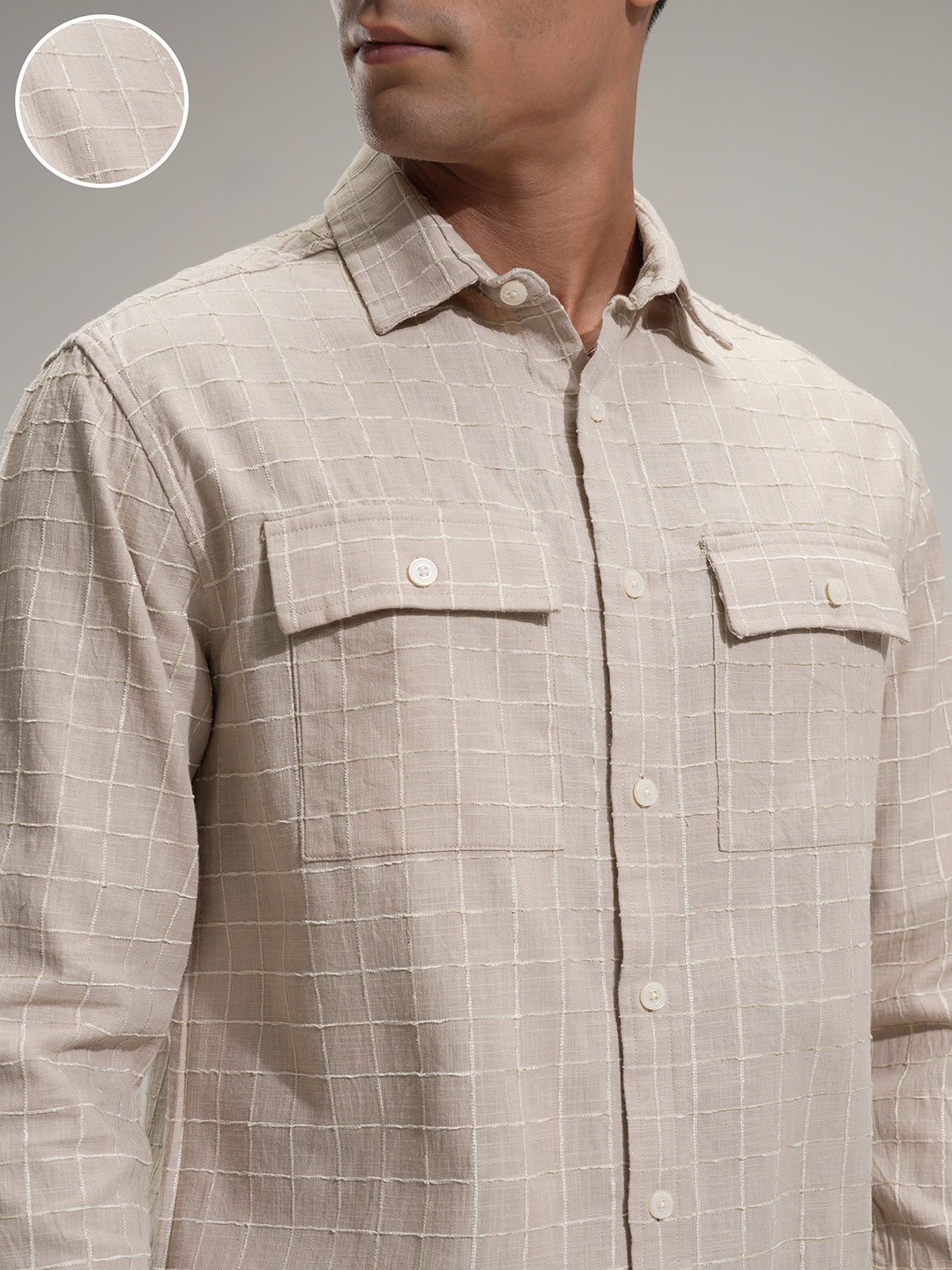 Locomotive Men Khaki Self Design Relaxed Fit Casual Shirt - Khaki - Image 5