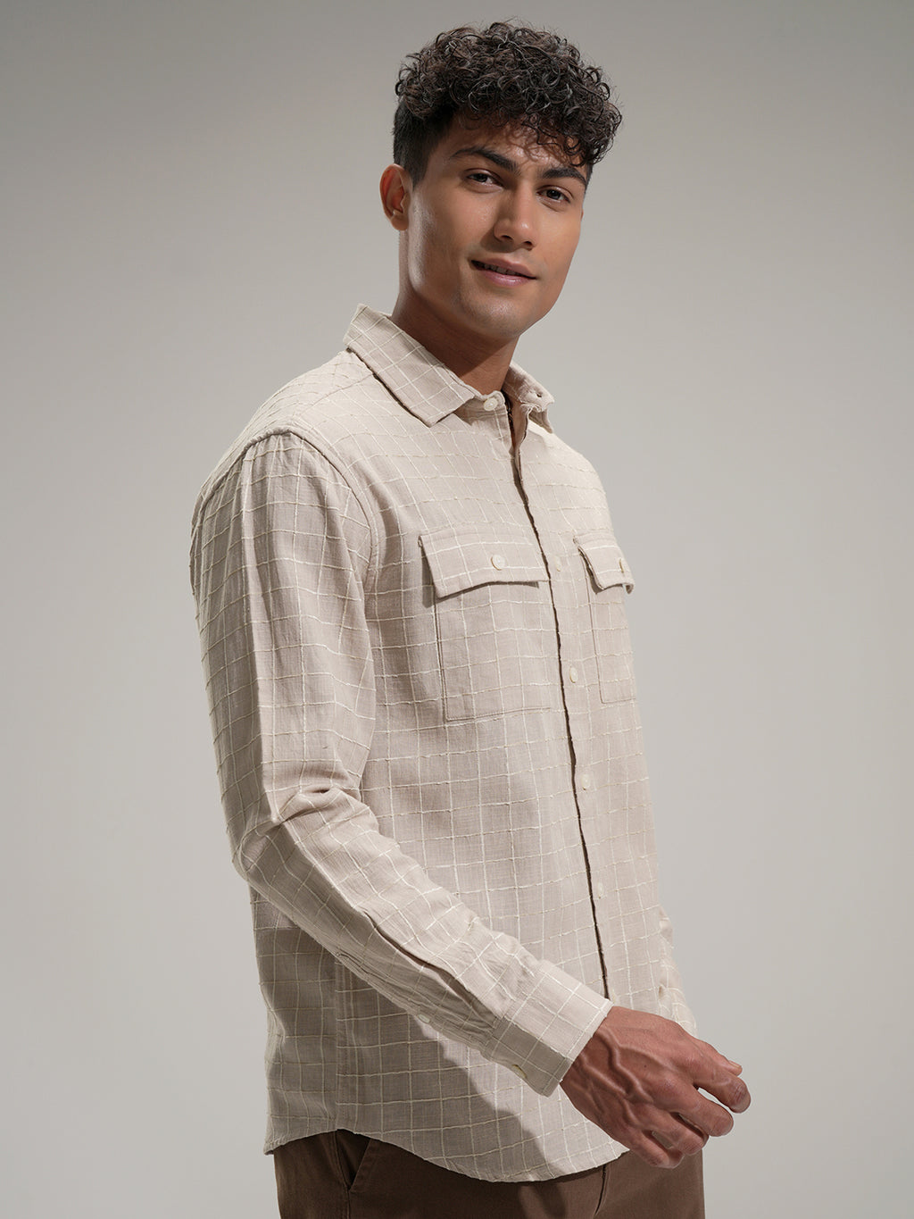 Locomotive Men Khaki Self Design Relaxed Fit Casual Shirt - Khaki - Image 6