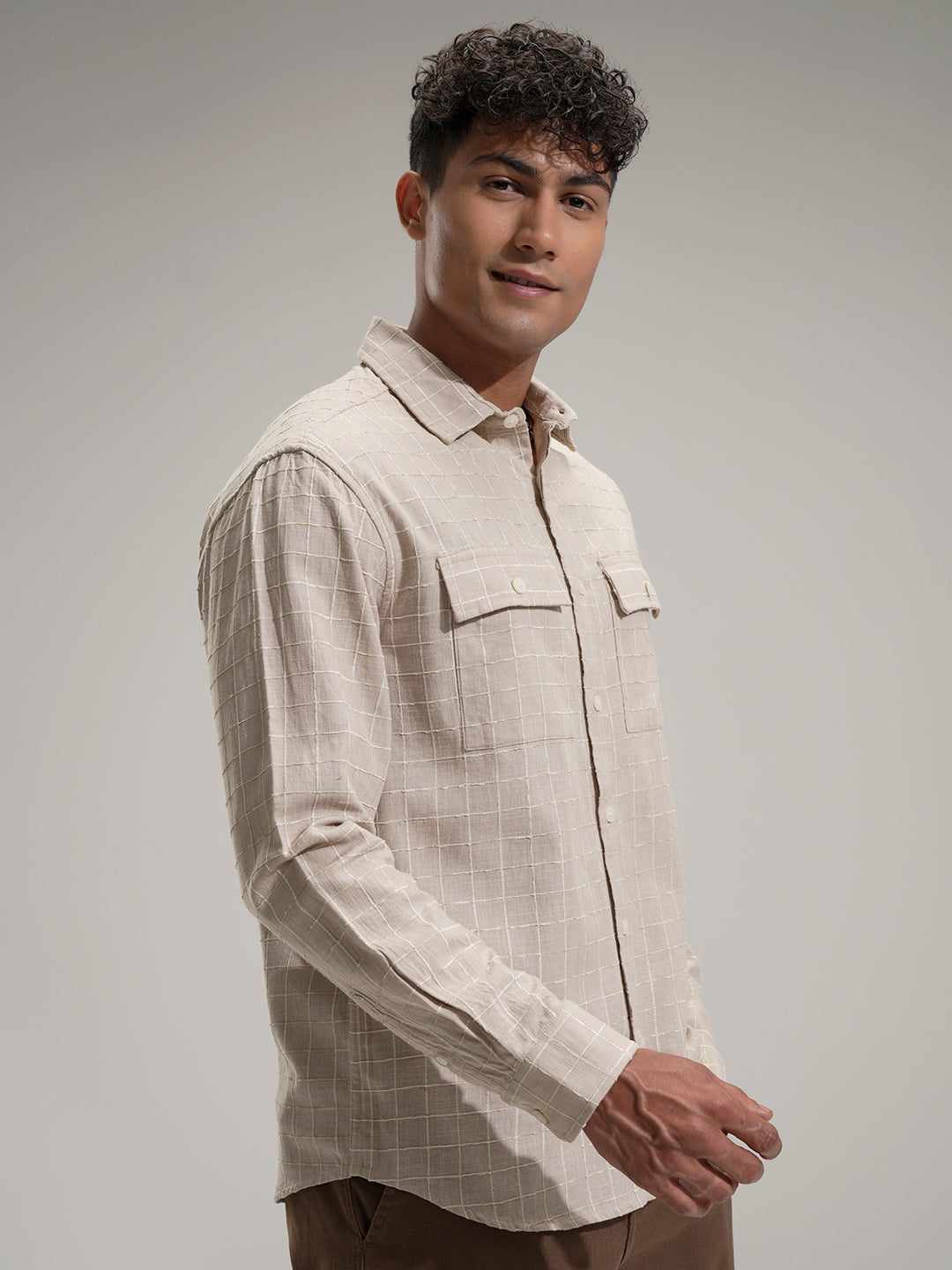 Locomotive Men Khaki Self Design Relaxed Fit Casual Shirt - Khaki - Image 6