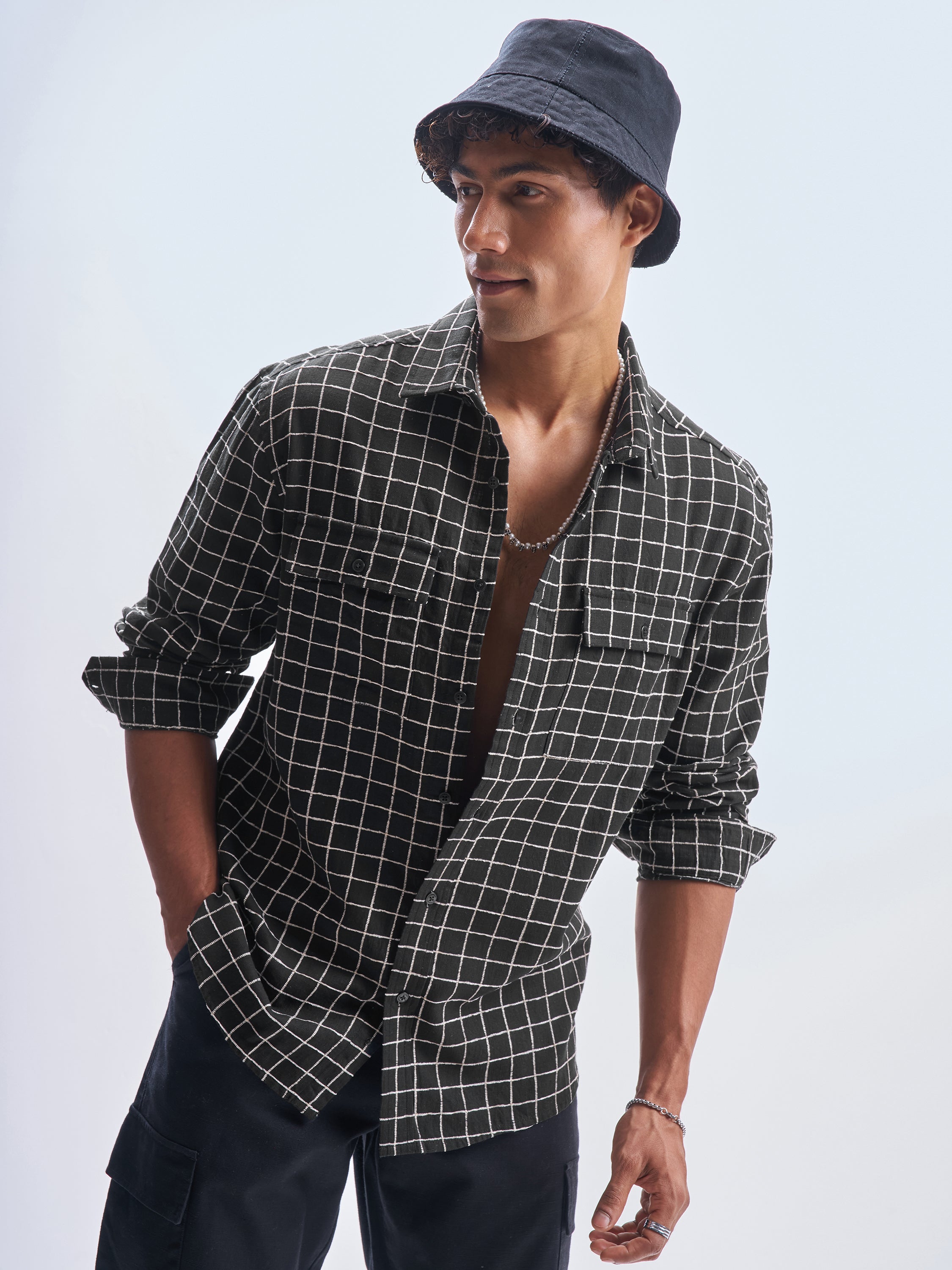 Locomotive Men Black Checked Relaxed Fit Casual Shirt - Black - Image 1