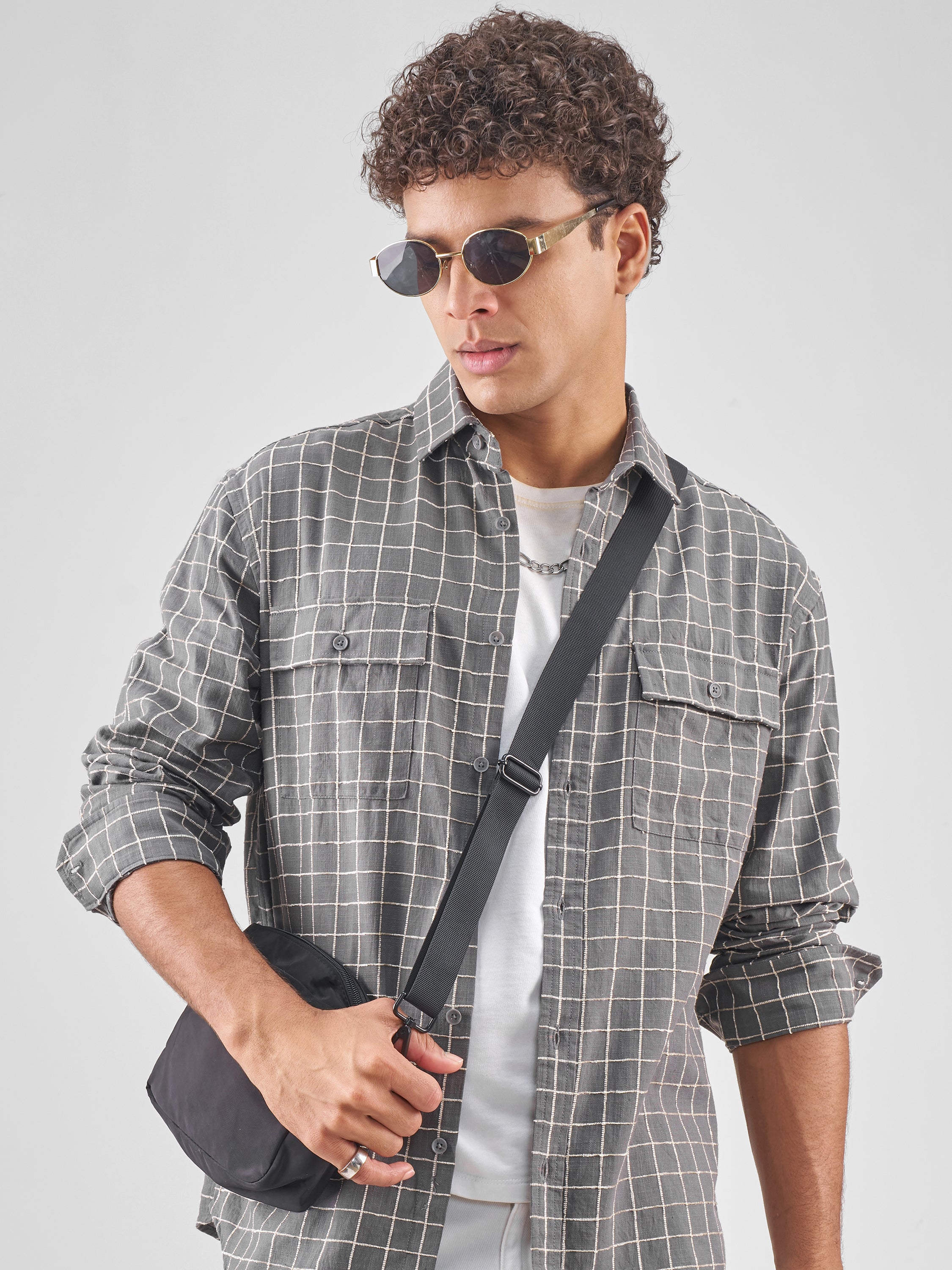 Locomotive Men Grey Checked Relaxed Fit Casual Shirt - Grey - Image 1