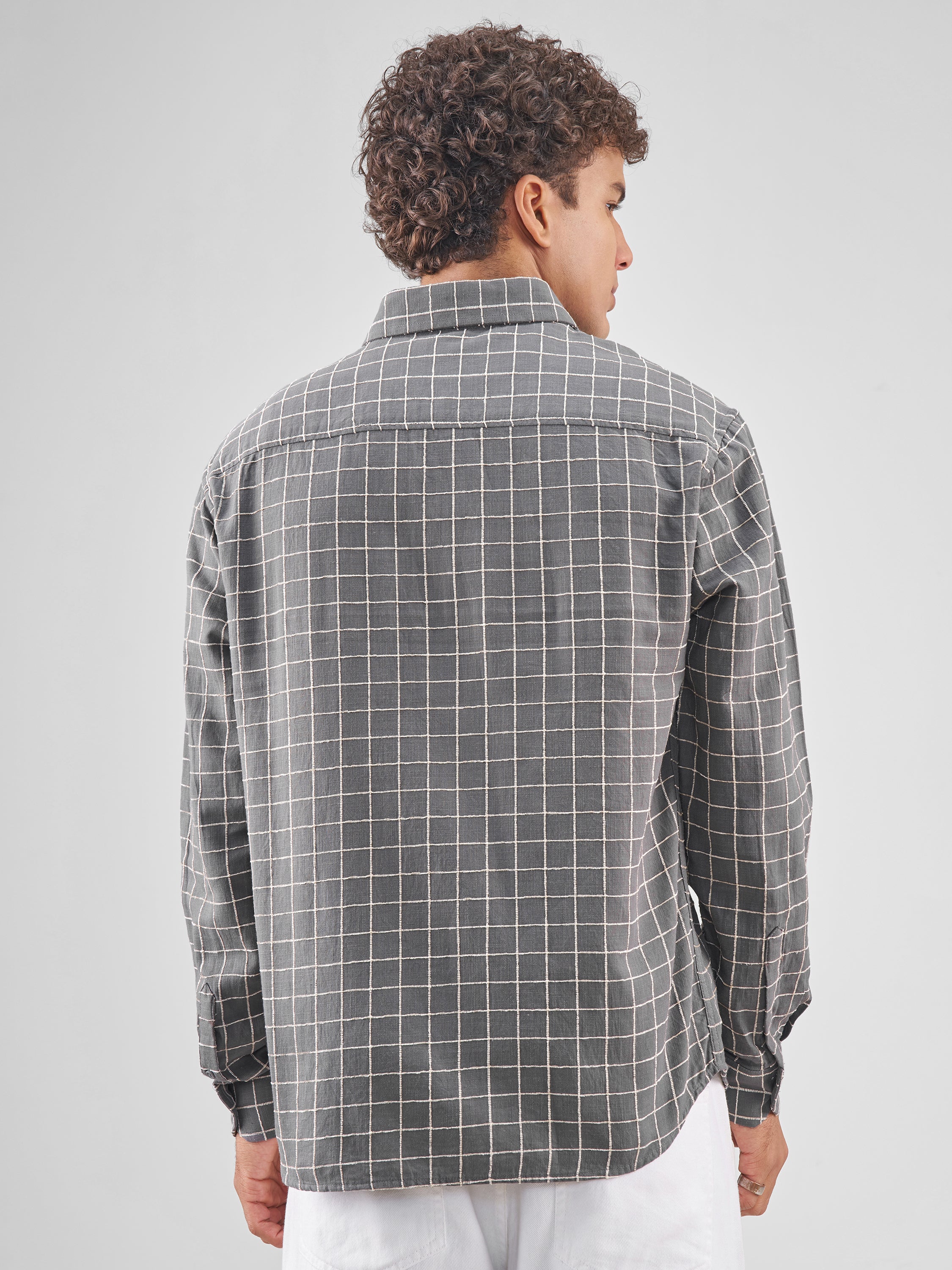 Locomotive Men Grey Checked Relaxed Fit Casual Shirt - Grey - Image 3