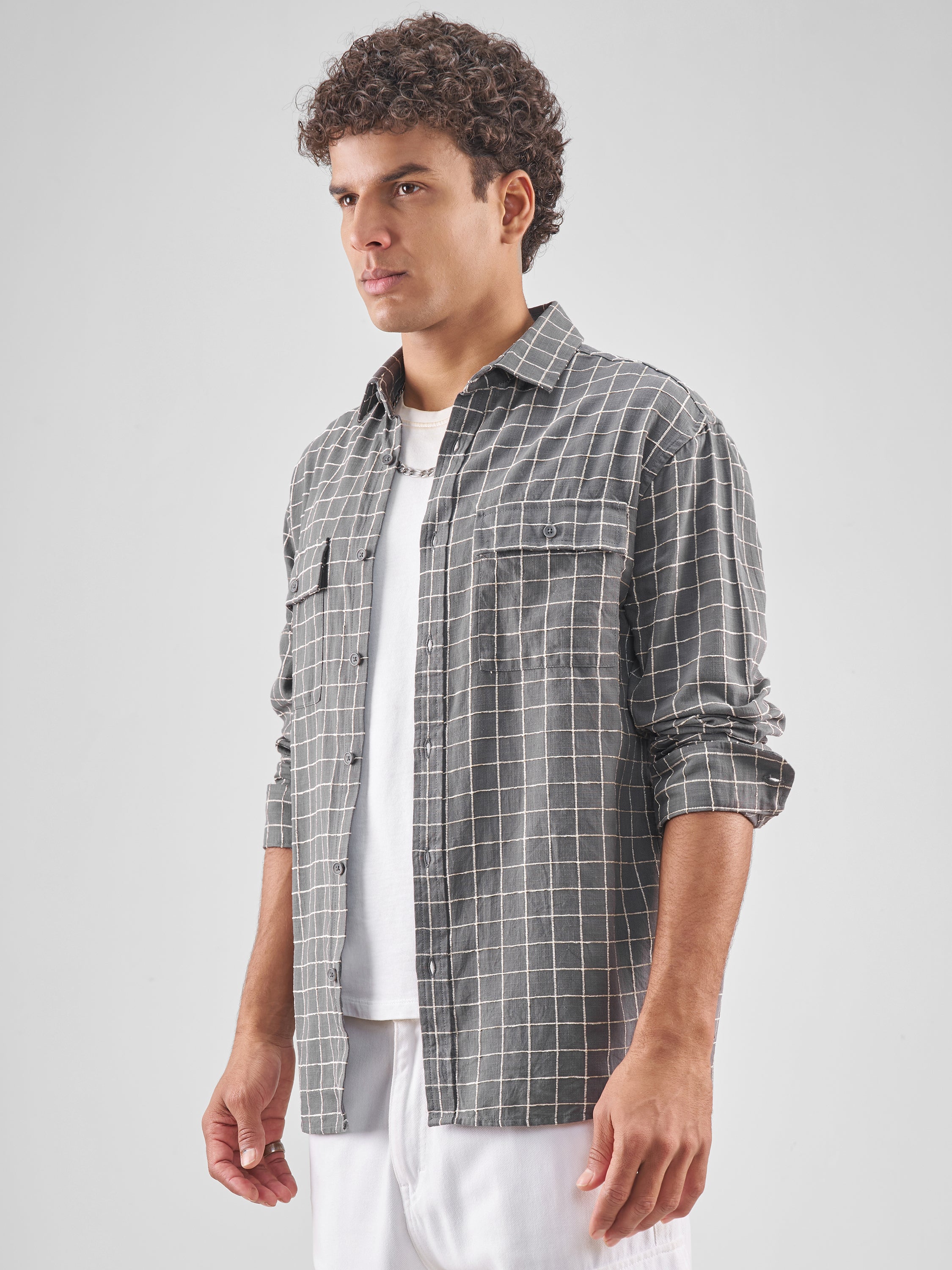 Locomotive Men Grey Checked Relaxed Fit Casual Shirt - Grey - Image 4