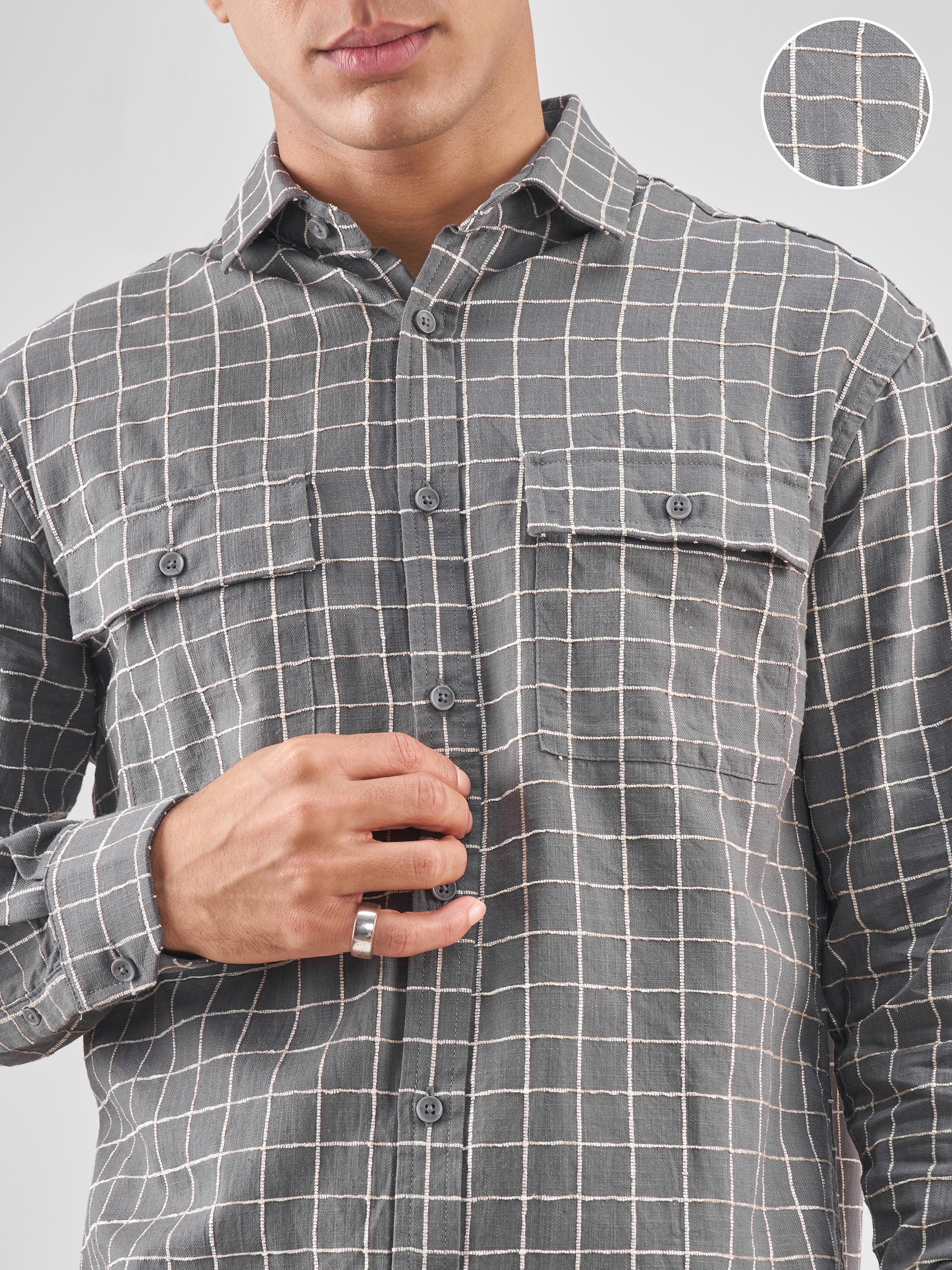 Locomotive Men Grey Checked Relaxed Fit Casual Shirt - Grey - Image 5