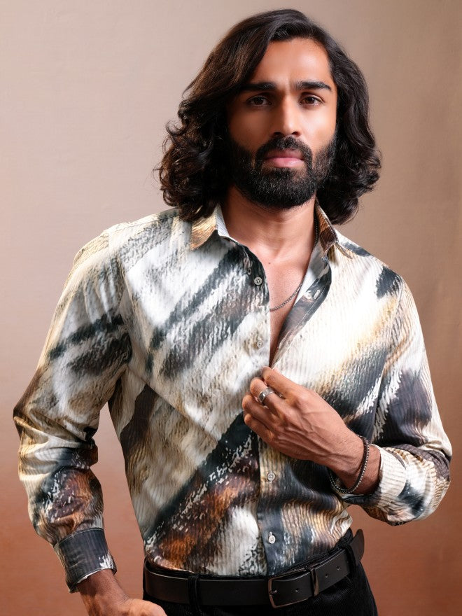 Locomotive Luxe Men Brown & Cream Satin Printed Party Casual Shirt - Brown - Image 1
