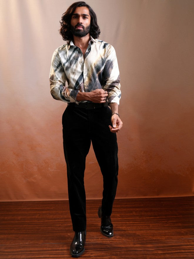 Locomotive Luxe Men Brown & Cream Satin Printed Party Casual Shirt - Brown - Image 2