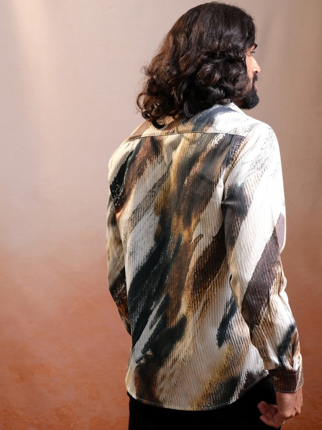 Locomotive Luxe Men Brown & Cream Satin Printed Party Casual Shirt - Brown - Image 3