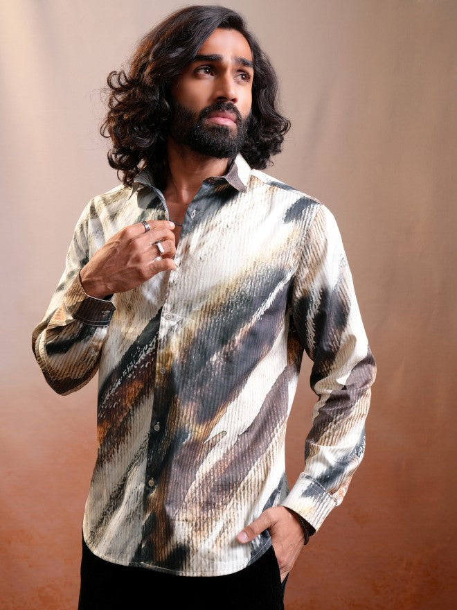 Locomotive Luxe Men Brown & Cream Satin Printed Party Casual Shirt - Brown - Image 4