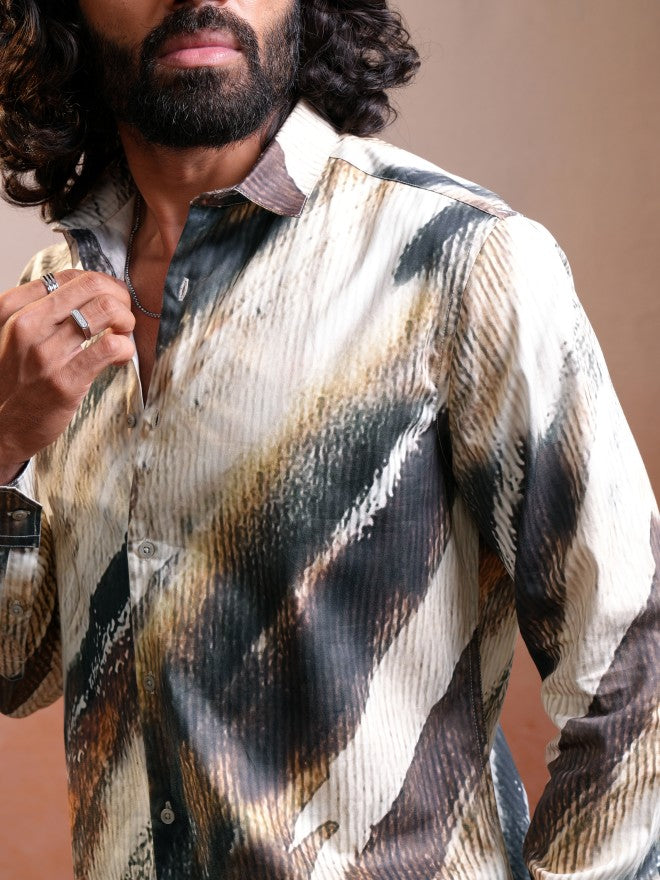 Locomotive Luxe Men Brown & Cream Satin Printed Party Casual Shirt - Brown - Image 5