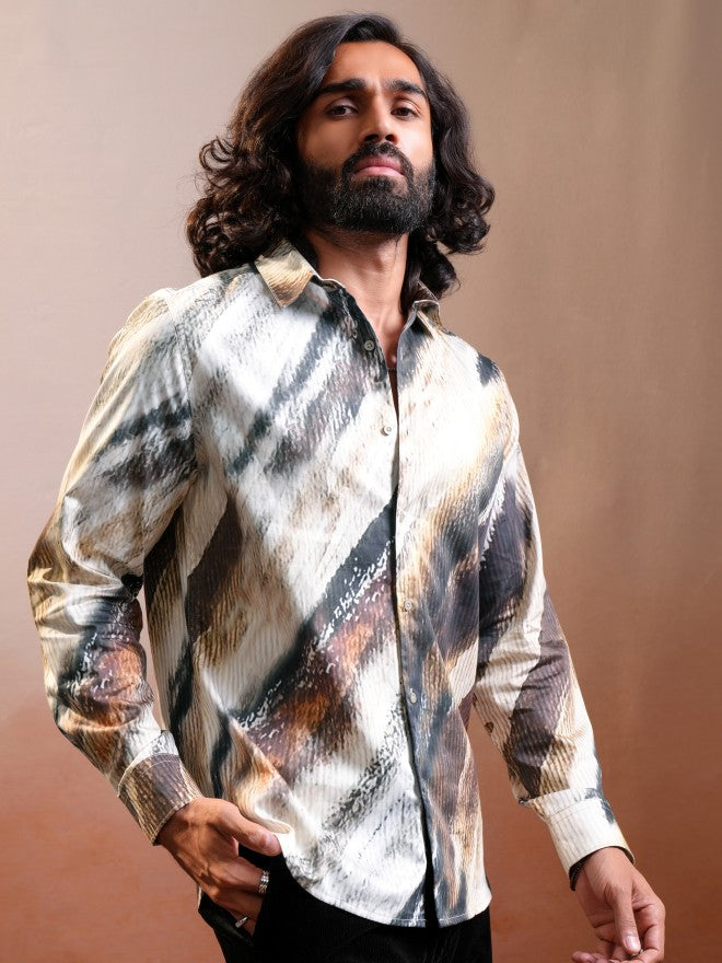 Locomotive Luxe Men Brown & Cream Satin Printed Party Casual Shirt - Brown - Image 6