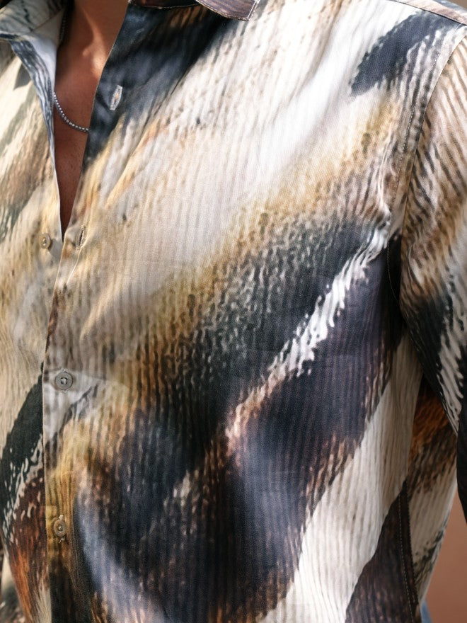 Locomotive Luxe Men Brown & Cream Satin Printed Party Casual Shirt - Brown - Image 7