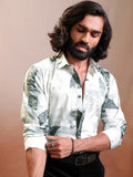 Locomotive Luxe Men Cream & Olive Satin Printed Occasion Casual Shirt - Cream - Image 1